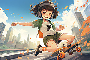 滑板少女运动青春插画