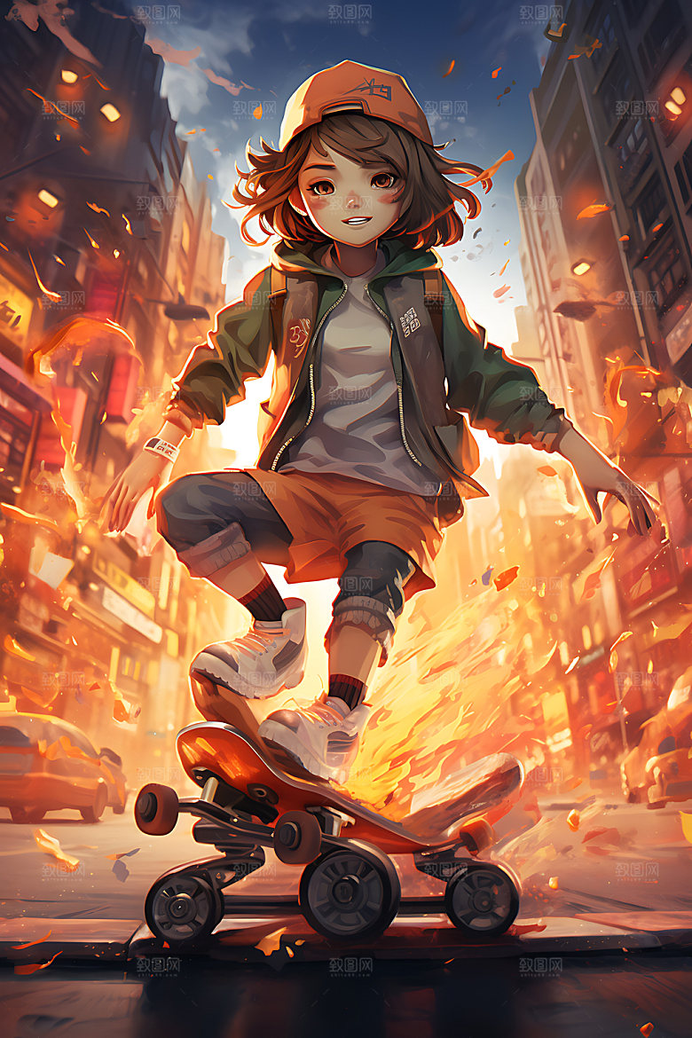 滑板少女运动健康插画