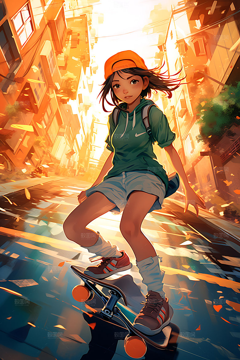 滑板少女运动动感插画