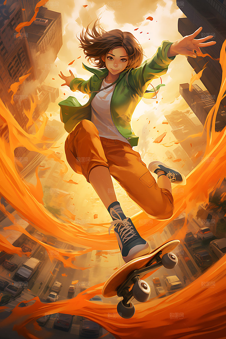 滑板少女健康人物插画