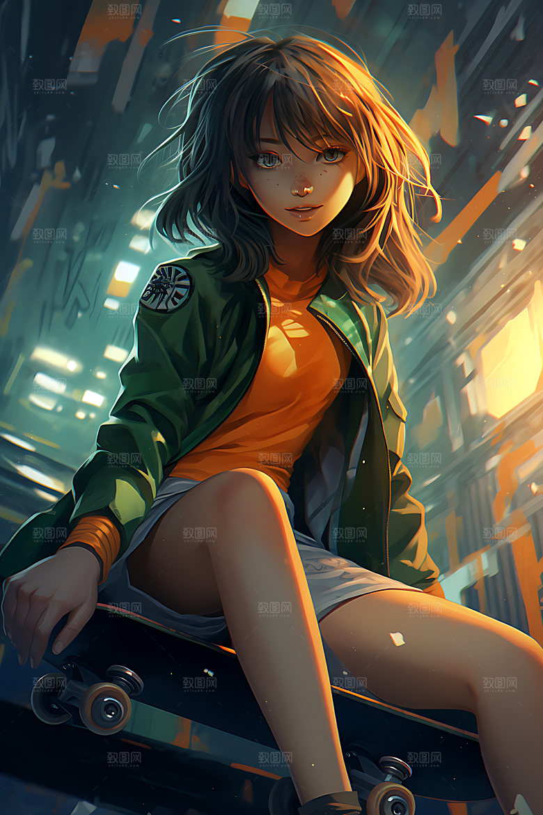 滑板少女运动动感插画