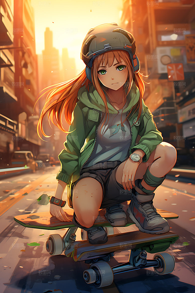 滑板少女动感活泼插画