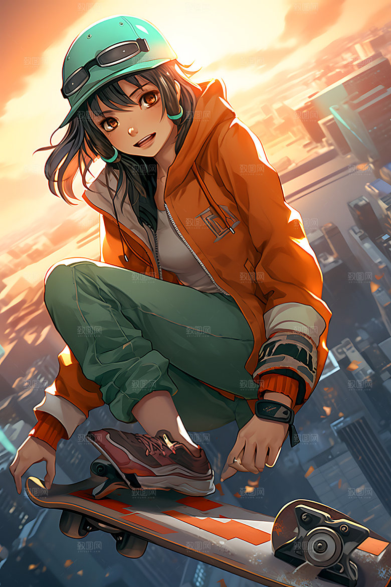 滑板少女健康动感插画