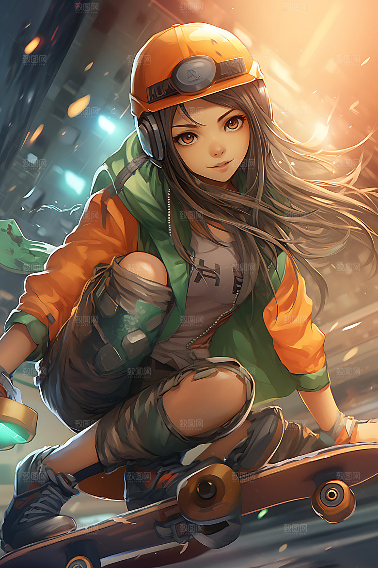 滑板少女人物青春插画