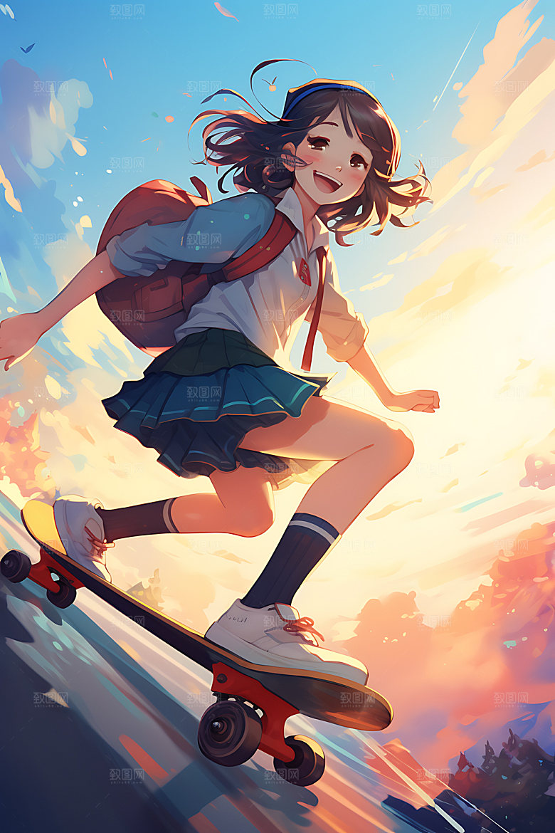 滑板少女活泼青春插画