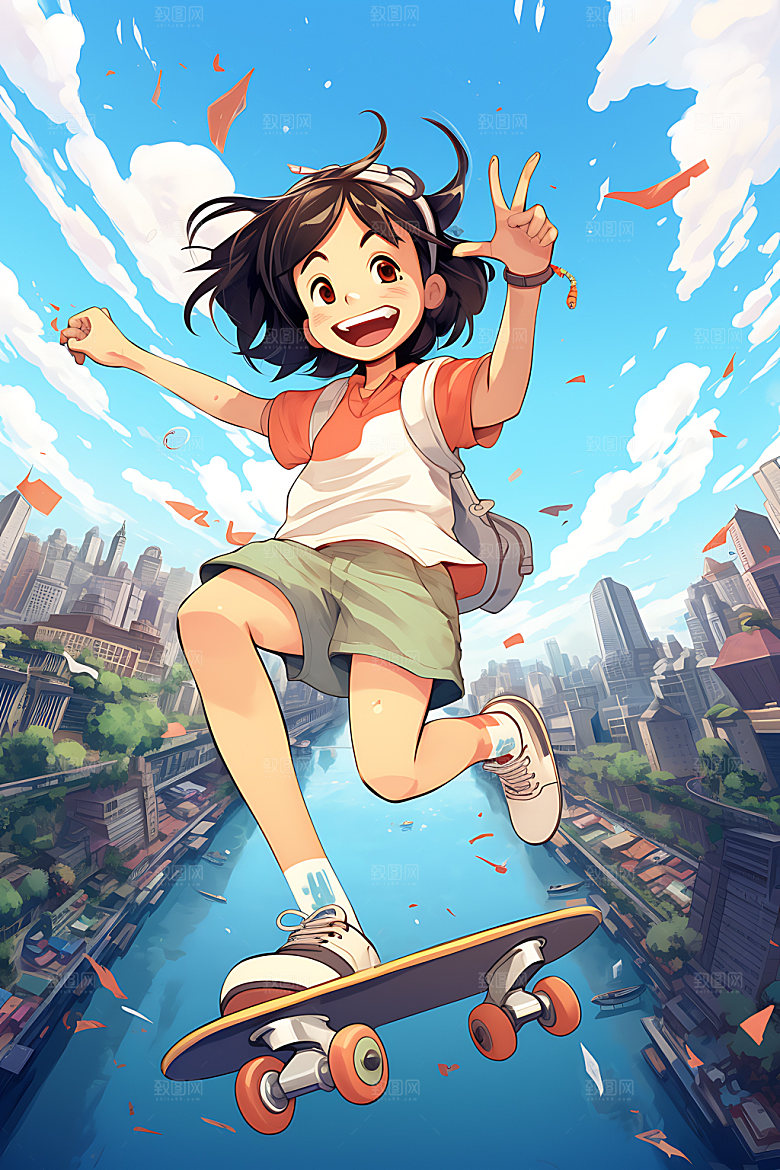 滑板少女青春动感插画