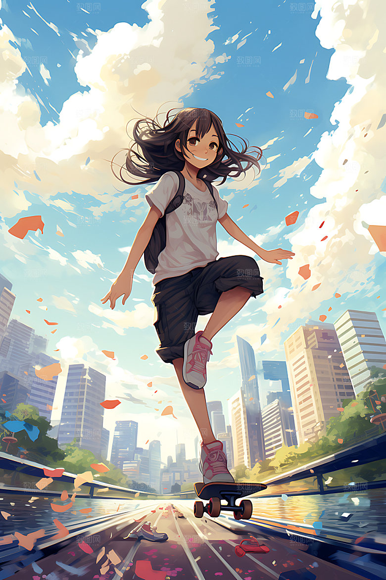 滑板少女动感运动插画