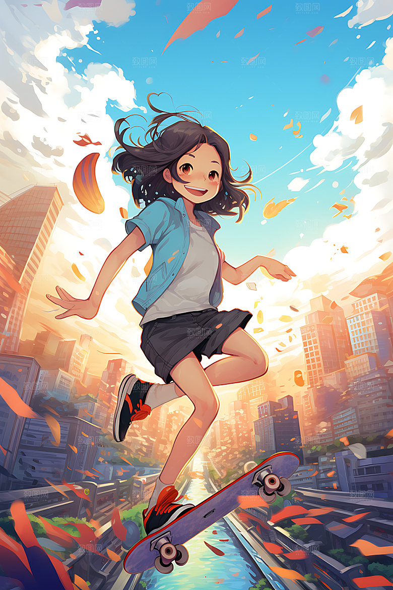 滑板少女人物运动插画