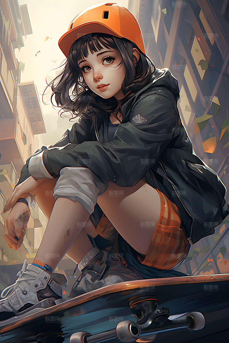 滑板少女健康运动插画