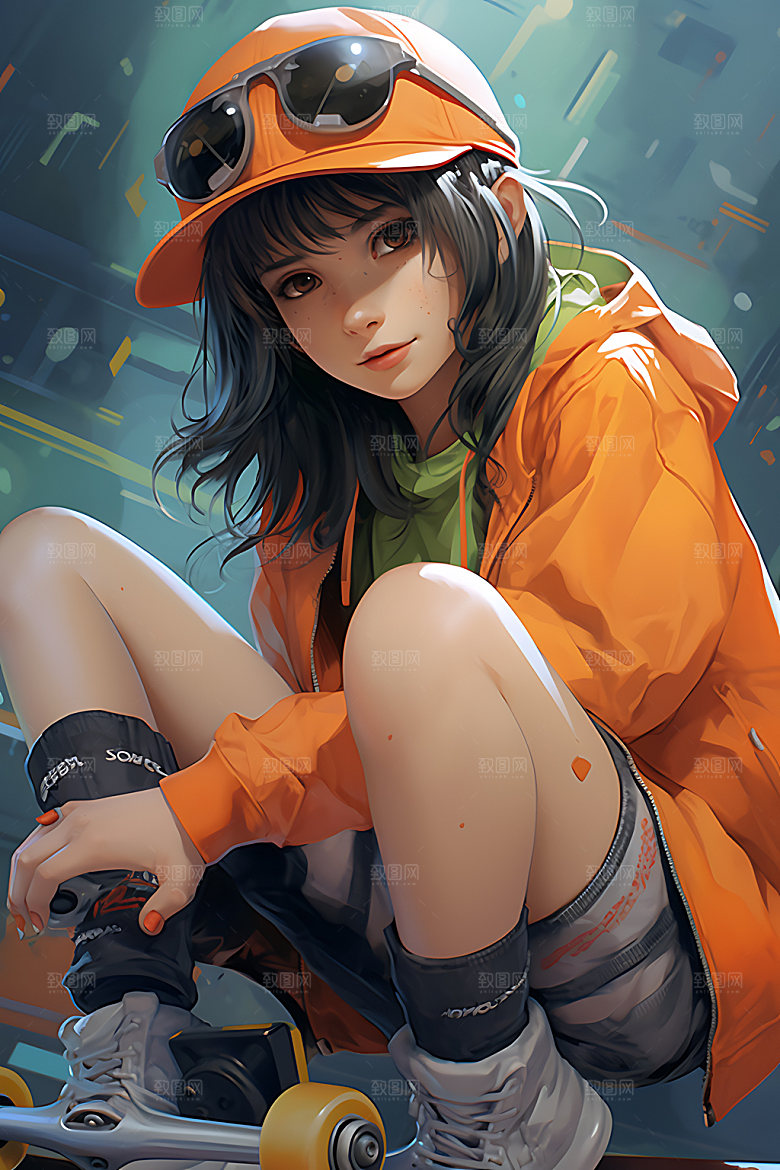 滑板少女动感人物插画