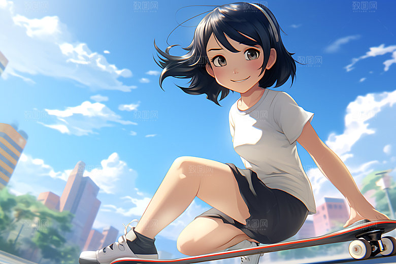 滑板少女动感健康插画