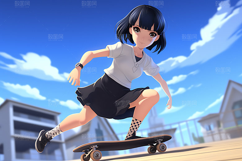 滑板少女健康活泼插画
