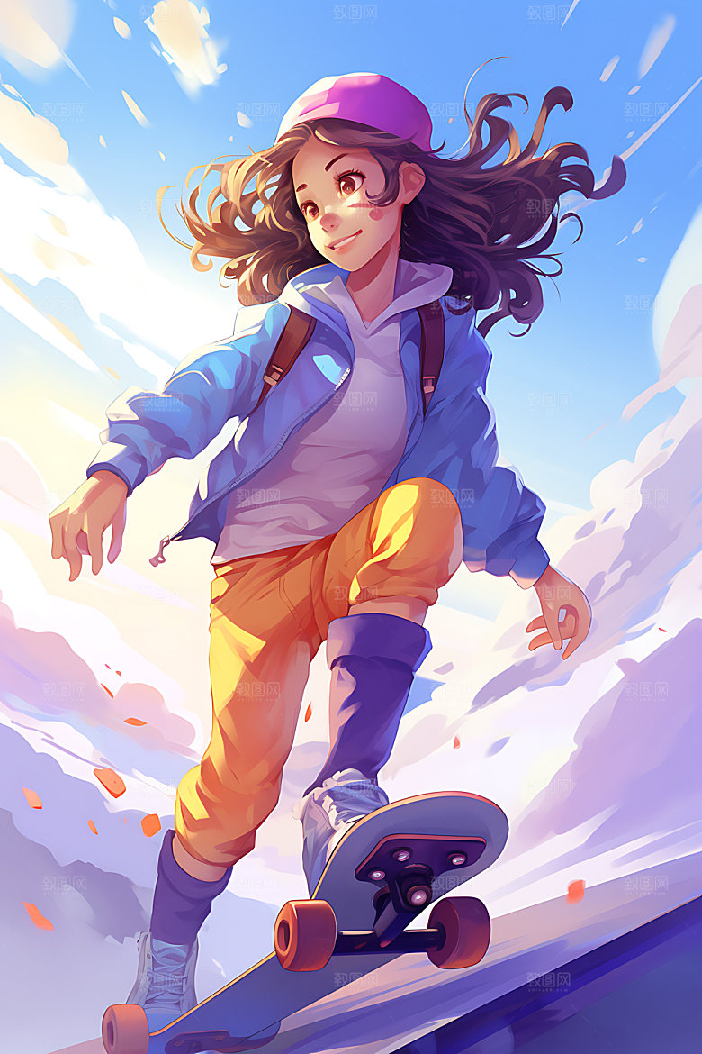 滑板少女活泼人物插画