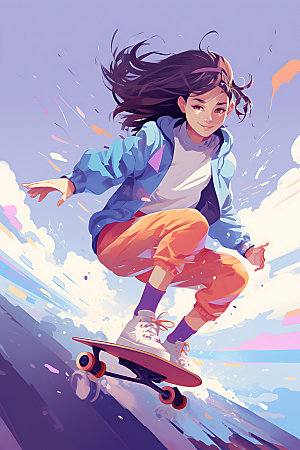滑板少女人物健康插画
