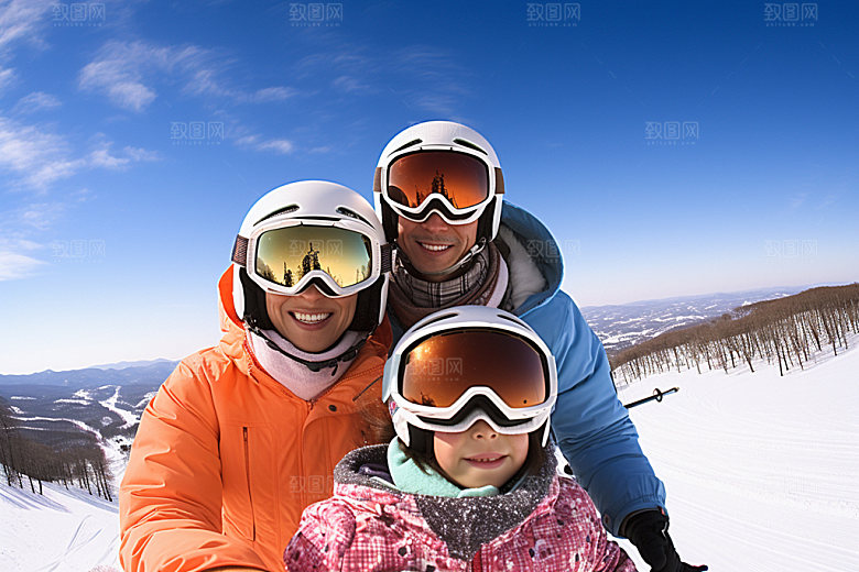 冬季滑雪户外多人合影矢量摄影图