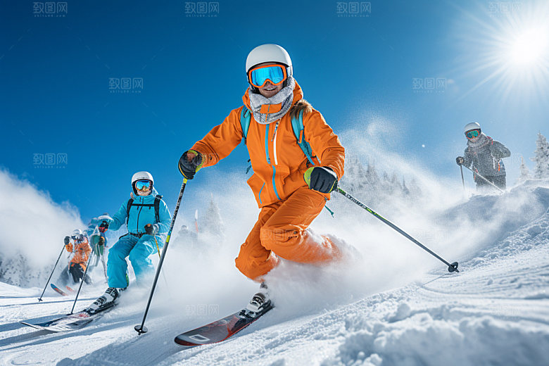 冬季滑雪极限运动人物组合矢量摄影图