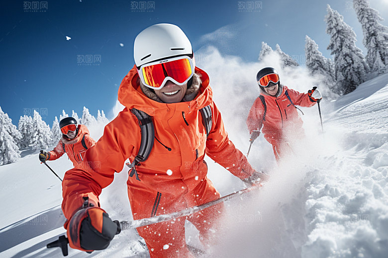 冬季滑雪多人合影人物组合矢量摄影图