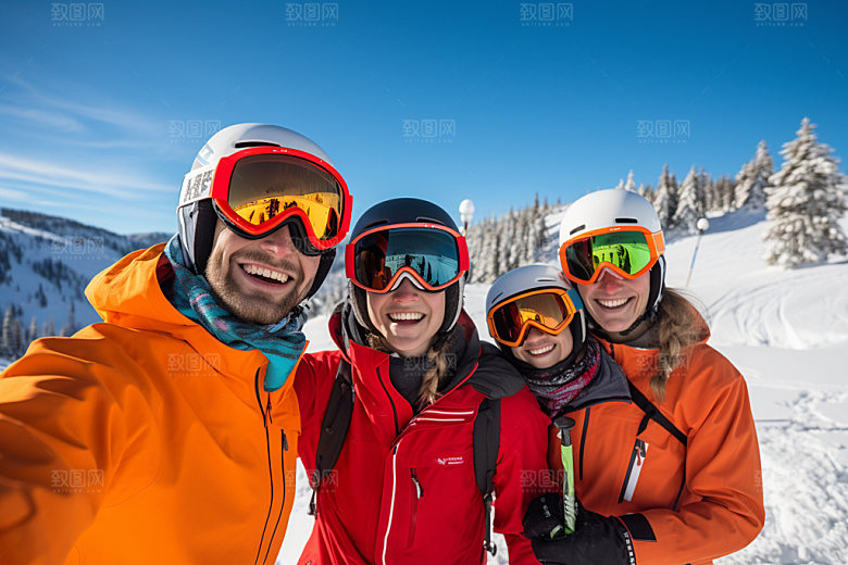 冬季滑雪多人合影人物组合矢量摄影图
