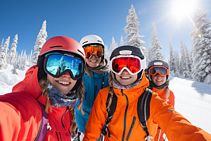 冬季滑雪多人合影户外矢量摄影图