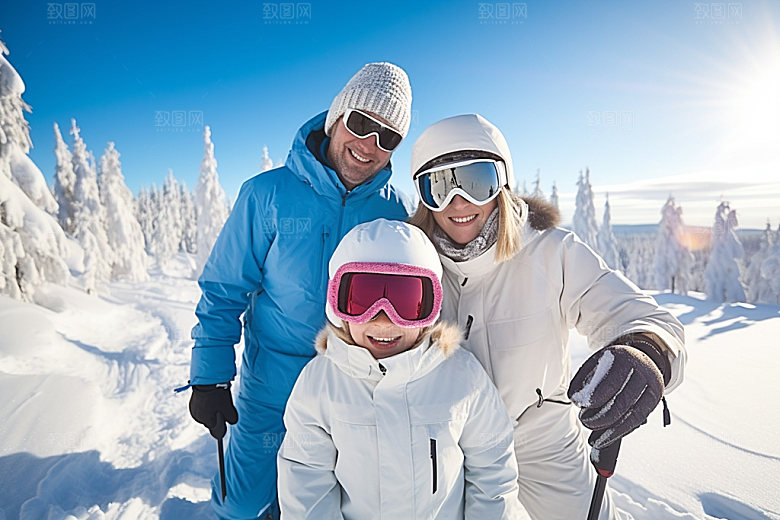 冬季滑雪人物组合多人合影矢量摄影图