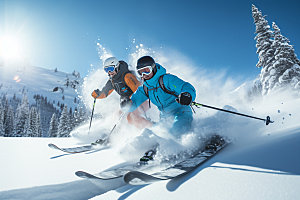 冬季滑雪多人合影人物组合矢量摄影图