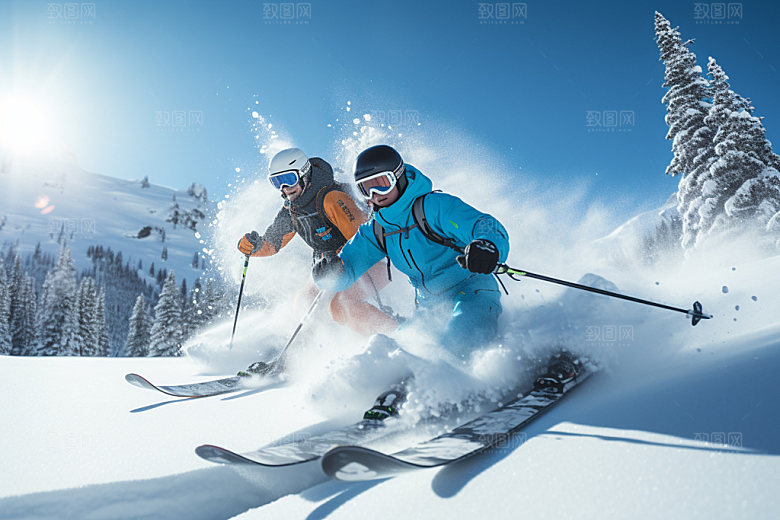 冬季滑雪多人合影人物组合矢量摄影图