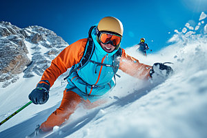 冬季滑雪户外多人合影矢量摄影图