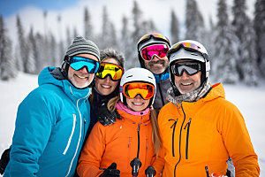 冬季滑雪极限运动多人合影矢量摄影图