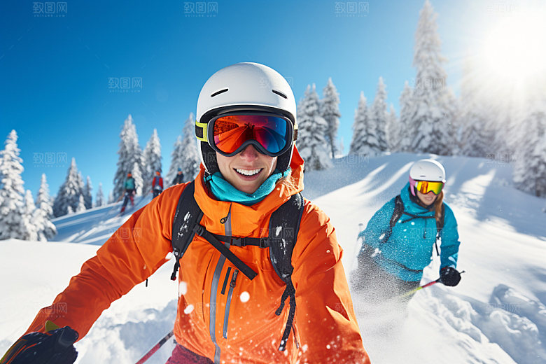 冬季滑雪人物组合多人合影矢量摄影图