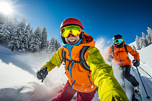 冬季滑雪极限运动多人合影矢量摄影图