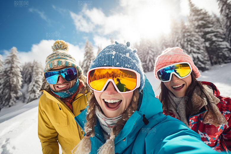 冬季滑雪人物组合多人合影矢量摄影图