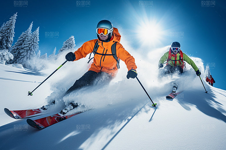 冬季滑雪户外多人合影矢量摄影图