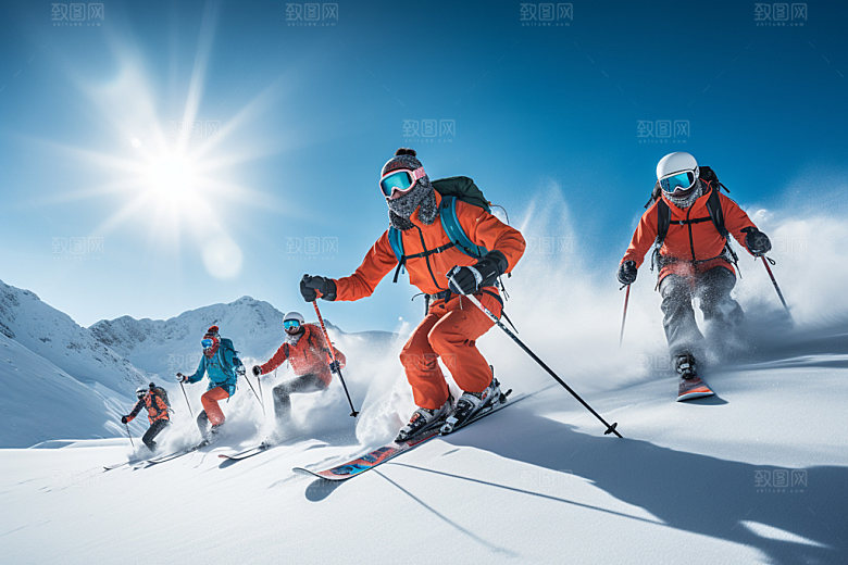 冬季滑雪极限运动人物组合矢量摄影图