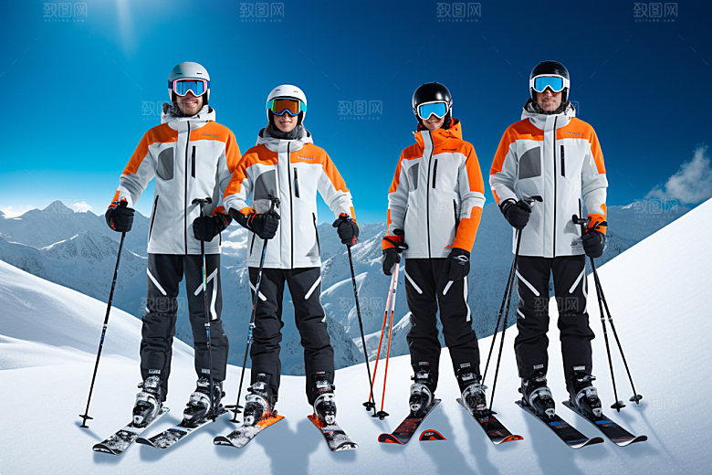 冬季滑雪多人合影户外矢量摄影图