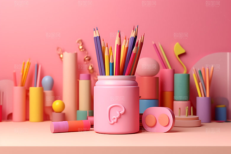 彩色铅笔笔筒文具摄影图