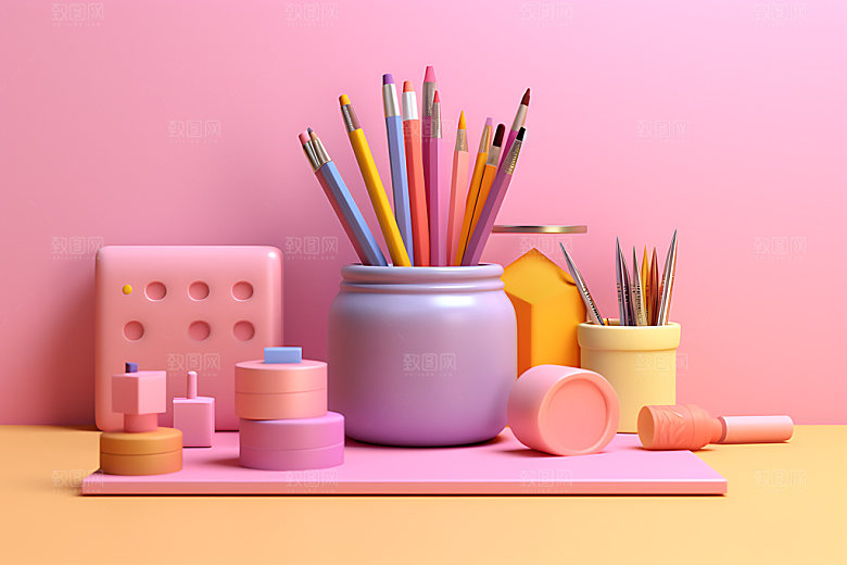 彩色铅笔笔筒文具摄影图