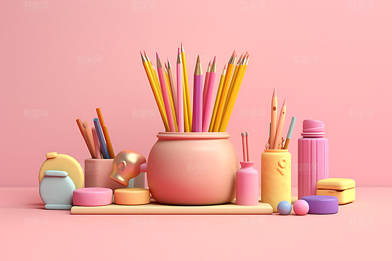 彩色铅笔笔筒颜料摄影图