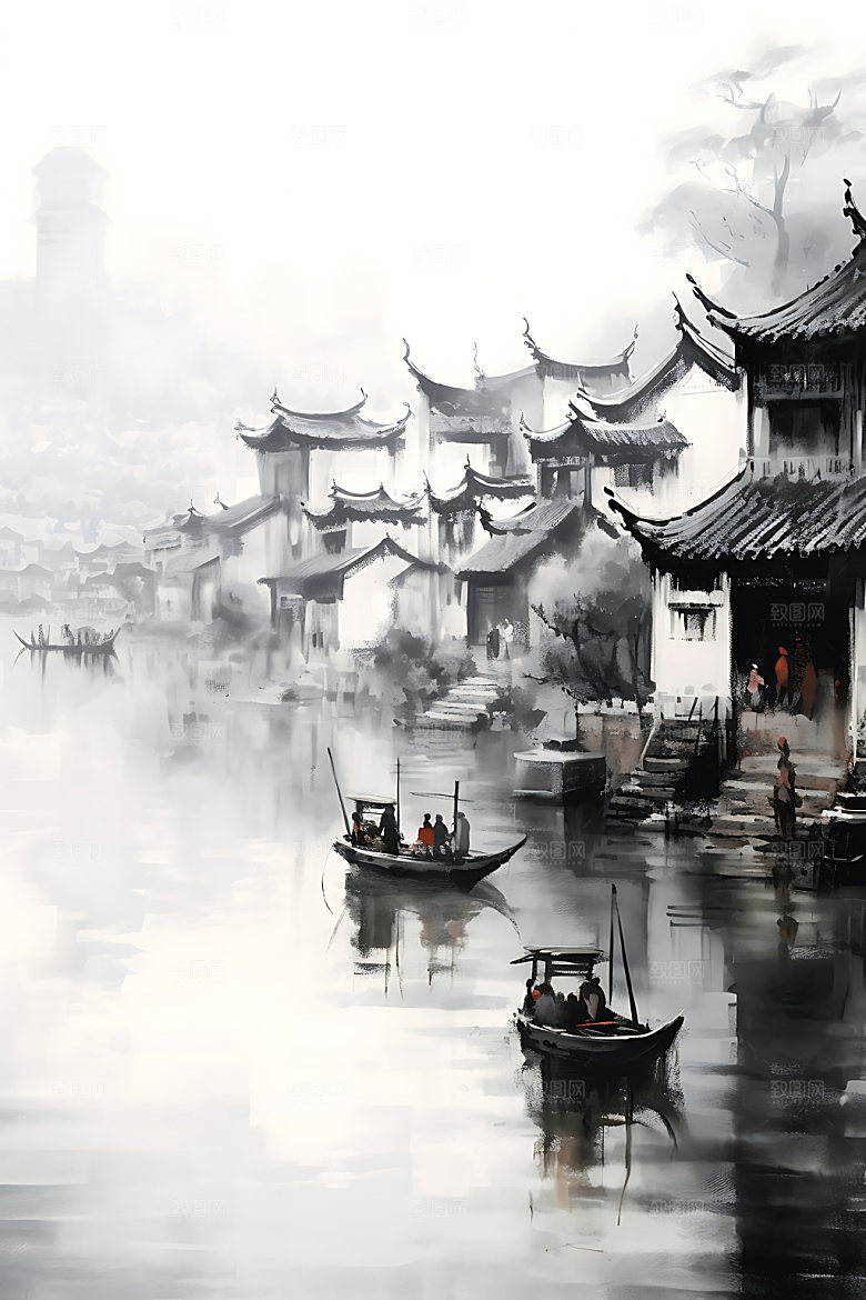 江南水乡小桥流水徽派建筑国画