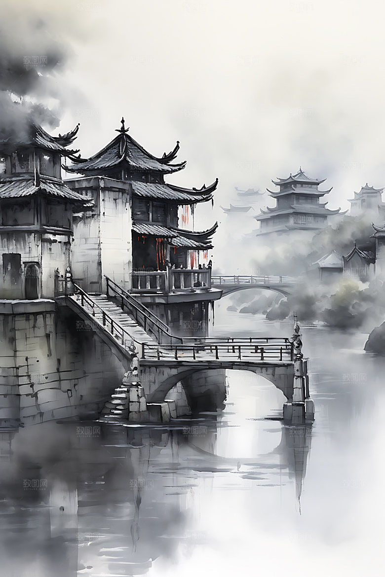 江南水乡小桥流水写意国画