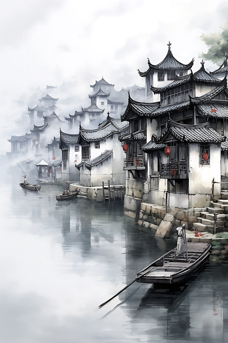 江南水乡晕染中国风国画