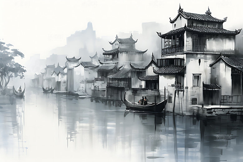 江南水乡水墨徽派建筑国画