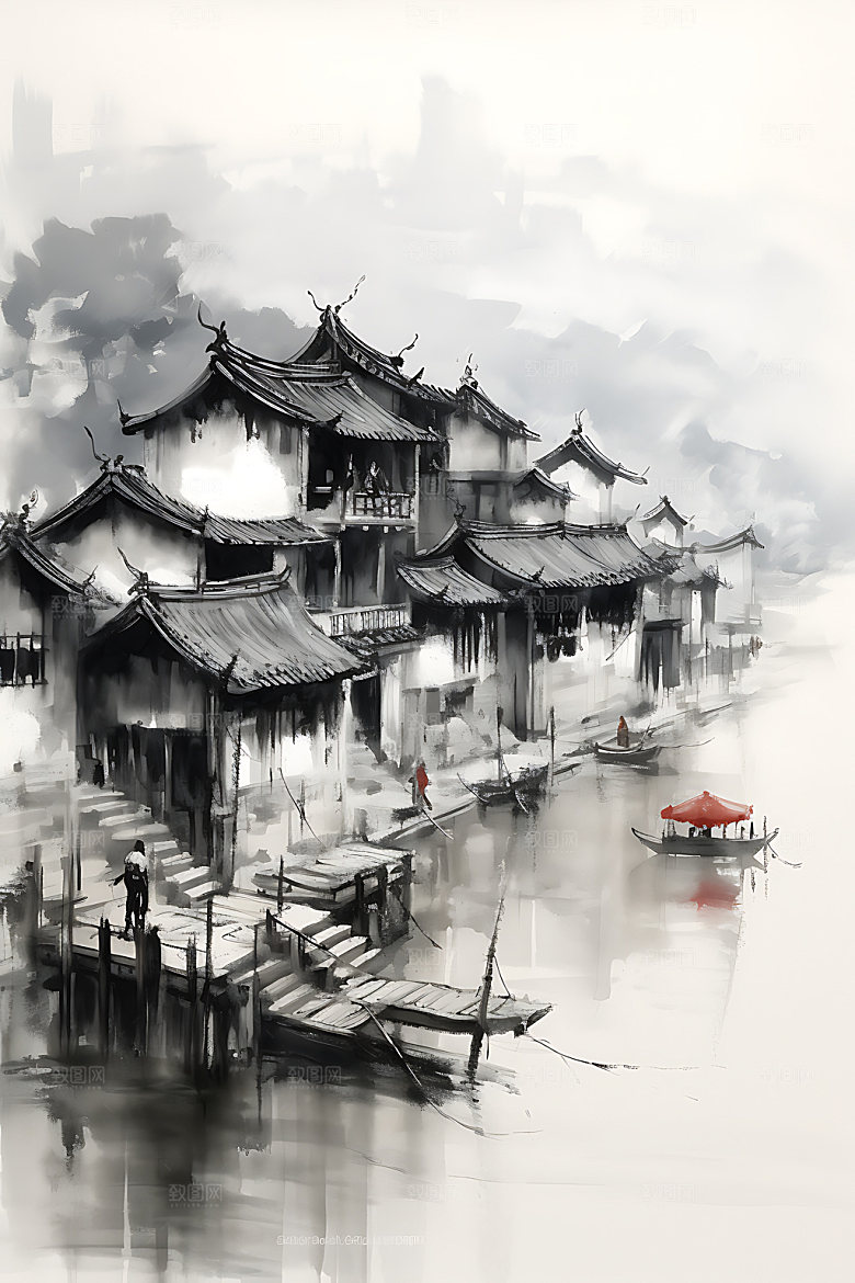 江南水乡晕染小桥流水国画