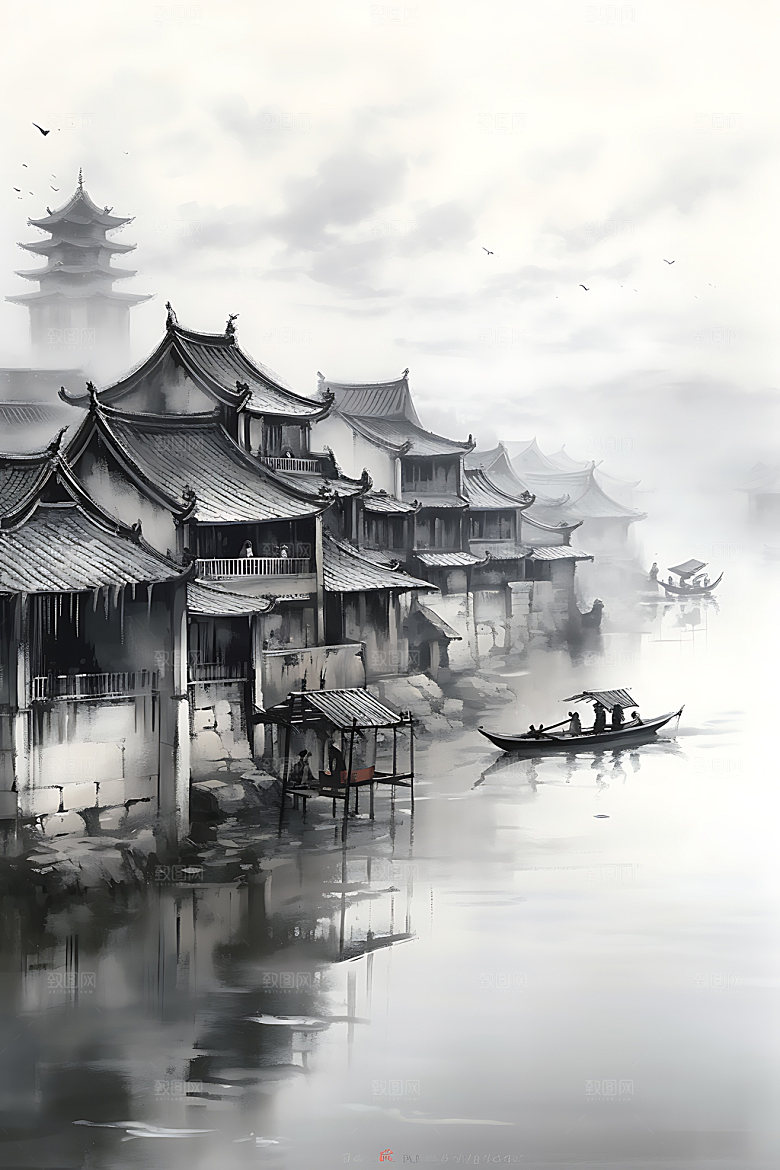 江南水乡晕染水墨国画