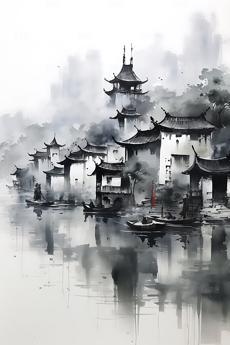 江南水乡小桥流水晕染国画