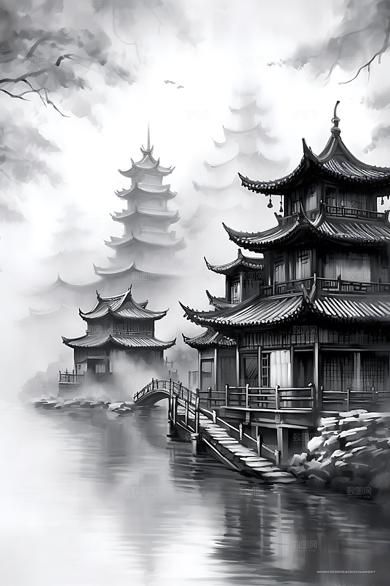 江南水乡写意水墨国画