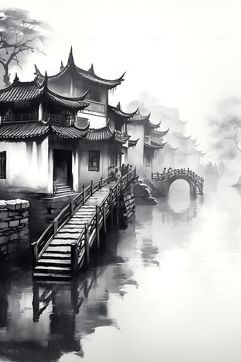 江南水乡徽派建筑水墨国画