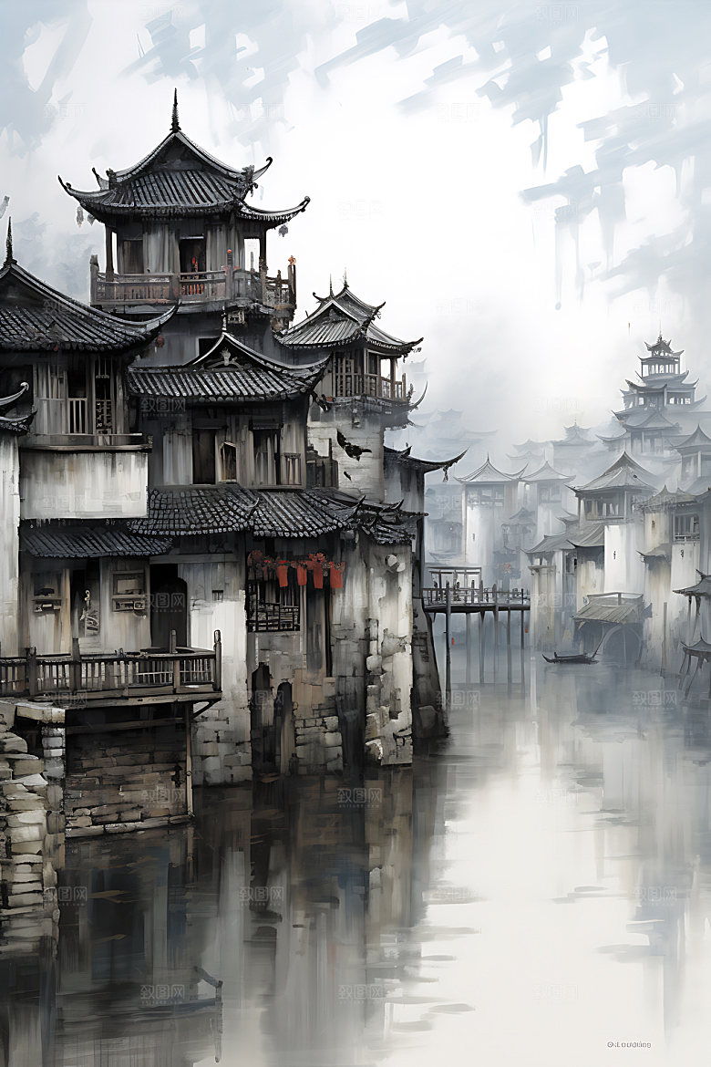 江南水乡徽派建筑小桥流水国画