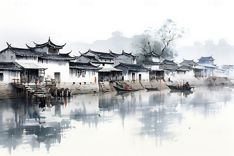江南水乡中国风写意国画
