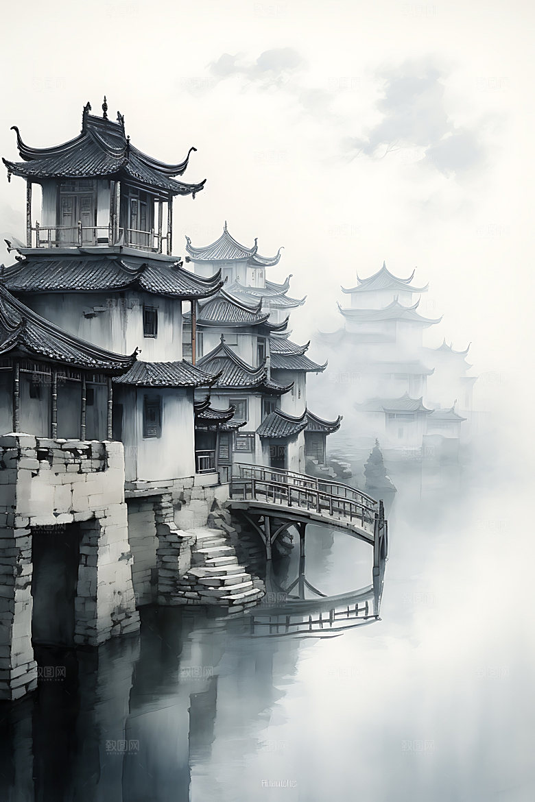 江南水乡中国风小桥流水国画