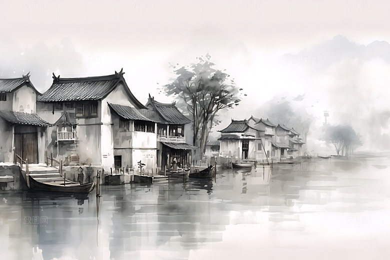 江南水乡徽派建筑晕染国画